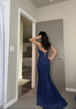 Niulatu Sheath Spaghetti Straps Royal Blue Slit Long Evening Dress Prom Dresses SD1725