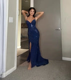 Niulatu Sheath Spaghetti Straps Royal Blue Slit Long Evening Dress Prom Dresses SD1725