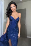 Niulatu Sheath Spaghetti Straps Royal Blue Slit Long Evening Dress Prom Dresses SD1725