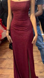 Niulatu Sheath Spaghetti Straps Burgundy Slit Long Evening Dress Prom Dresses SD1731