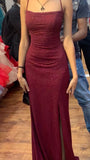 Niulatu Sheath Spaghetti Straps Burgundy Slit Long Evening Dress Prom Dresses SD1731