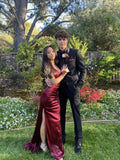 Niulatu Sheath Straps Burgundy Slit Long Evening Dress Prom Dresses SD1734