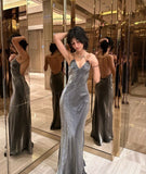 Niulatu Satin Mermaid Long Party Dress Graduation Gown Gray Prom Dress Evening Dress SD1735