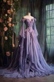 Niulatu Ball Gown Off The Shoulder Lilac Tulle Flowers Evening Dress Prom Dresses SD1739