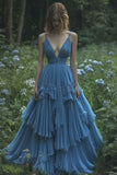 Niulatu Ball Gown Spaghetti Straps Blue Chiffon Long Evening Dress Prom Dresses SD1744