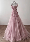 Niulatu Pink Off Shoulder Tulle Floral Party Dress Tulle Prom Dress Evening Dress SD1747