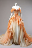 Niulatu Ball Gown Off The Shoulder Orange Chiffon Ombre Evening Dress Prom Dresses SD1750