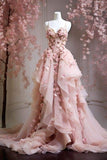 Niulatu Ball Gown Spaghetti Straps Pink Floral Tulle Evening Dress Prom Dresses SD1752