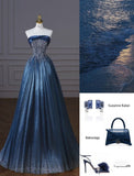 Niulatu Ball Gown Strapless Neckline Sequin Blue Party Dress Long Prom Dress Evening Dresses SD1754