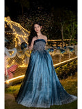 Niulatu Ball Gown Strapless Neckline Sequin Blue Party Dress Long Prom Dress Evening Dresses SD1754