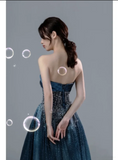 Niulatu Ball Gown Strapless Neckline Sequin Blue Party Dress Long Prom Dress Evening Dresses SD1754