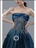 Niulatu Ball Gown Strapless Neckline Sequin Blue Party Dress Long Prom Dress Evening Dresses SD1754