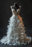 Niulatu Ball Gown Straps Neckline Organza White Long Ruffles Wedding Dresses SD1757