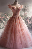 Niulatu Ball Gown Off The Shoulder Pink Tulle Party Dress Long Prom Dress Evening Dresses SD1768