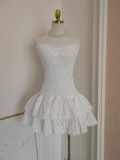 Niulatu Sheath Strapless White Lace Vacation Dress Short Birthday Dresses SD176