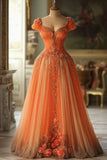 Niulatu Ball Gown Sweetheart Orange Chiffon Floral Evening Dress Long Prom Dresses SD1779