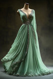 Niulatu Ball Gown V Neckline Green Tulle Party Dress Long Prom Dresses Evening Dresses SD1787