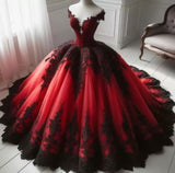 Niulatu Red and Black Off the Shoulder Evening Dress Prom Dresses SD1790