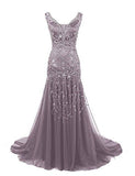 Niulatu Mermaid Straps Sleeveless Floor Length Long Beads Evening Dress Prom Dresses SD1796
