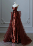Niulatu Mermaid Strapless Burgundy Floor Length Evening Dress Sequin Prom Dresses SD1798