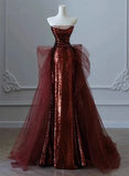 Niulatu Mermaid Strapless Burgundy Floor Length Evening Dress Sequin Prom Dresses SD1798