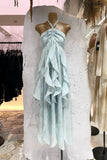 Niulatu A line Halter Ruffled Floral Blue Summer Holiday Dress Women's Long Vacation Dresses S180
