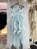 Niulatu A line Halter Ruffled Floral Blue Summer Holiday Dress Women's Long Vacation Dresses S180