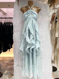 Niulatu A line Halter Ruffled Floral Blue Summer Holiday Dress Women's Long Vacation Dresses S180
