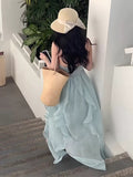 Niulatu A line Halter Ruffled Floral Blue Summer Holiday Dress Women's Long Vacation Dresses S180