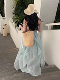 Niulatu A line Halter Ruffled Floral Blue Summer Holiday Dress Women's Long Vacation Dresses S180