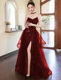 Niulatu Mermaid Spaghetti Straps Floor Length Burgundy Sequin Long Prom Dresses SD1800