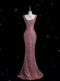 Niulatu Mermaid Straps Floor Length Pink Sequin Long Prom Dresses Evening Gowns SD1802
