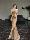 Niulatu Mermaid Strapless Gold Satin Long Prom Dresses Evening Gowns SD1808