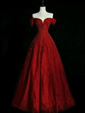 Niulatu Ball Gown Off The Shoulder Burgundy Long Party Dress Tulle Prom Dresses SD1809