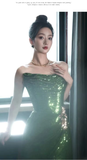 Niulatu Mermaid Strapless Dark Green Sequin Long Prom Dresses Evening Gowns SD1810