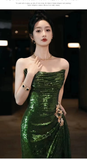 Niulatu Mermaid Strapless Dark Green Sequin Long Prom Dresses Evening Gowns SD1810
