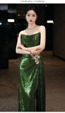 Niulatu Mermaid Strapless Dark Green Sequin Long Prom Dresses Evening Gowns SD1810