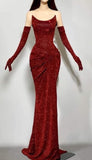 Niulatu Mermaid Strapless Burgundy Sequin Long Prom Dresses Evening Gowns With Gloves SD1811