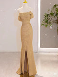 Niulatu Mermaid Off The Shoulder Gold Slit Sequin Long Party Dress Prom Dresses SD1812