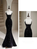 Niulatu Mermaid Spaghetti Straps Sequin Black Long Prom Dresses SD1813