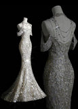 Niulatu Mermaid Off The Shoulder Silver Sequin Long Party Dress Prom Dresses SD1814