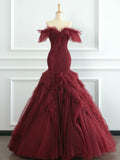Niulatu Mermaid Off The Shoulder Burgundy Tulle Long Party Dress Prom Dresses SD1816