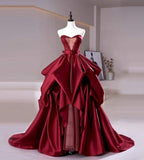 Niulatu Ball Gown Sweetheart Burgundy Satin Long Evening Gowns Prom Dresses SD1817