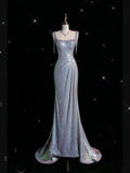 Niulatu Mermaid Spaghetti Straps Sequin Silver Evening Gowns Long Prom Dresses SD1822