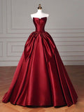 Niulatu Ball Gown Strapless Burgundy Satin Long Evening Gowns Prom Dresses SD1823