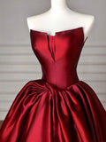Niulatu Ball Gown Strapless Burgundy Satin Long Evening Gowns Prom Dresses SD1823
