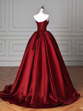 Niulatu Ball Gown Strapless Burgundy Satin Long Evening Gowns Prom Dresses SD1823