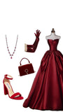 Niulatu Ball Gown Strapless Burgundy Satin Long Evening Gowns Prom Dresses SD1823