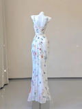 Niulatu Mermaid Straps Chiffon Floral Evening Gowns Long Prom Dresses SD1825