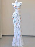Niulatu Mermaid Straps Chiffon Floral Evening Gowns Long Prom Dresses SD1825